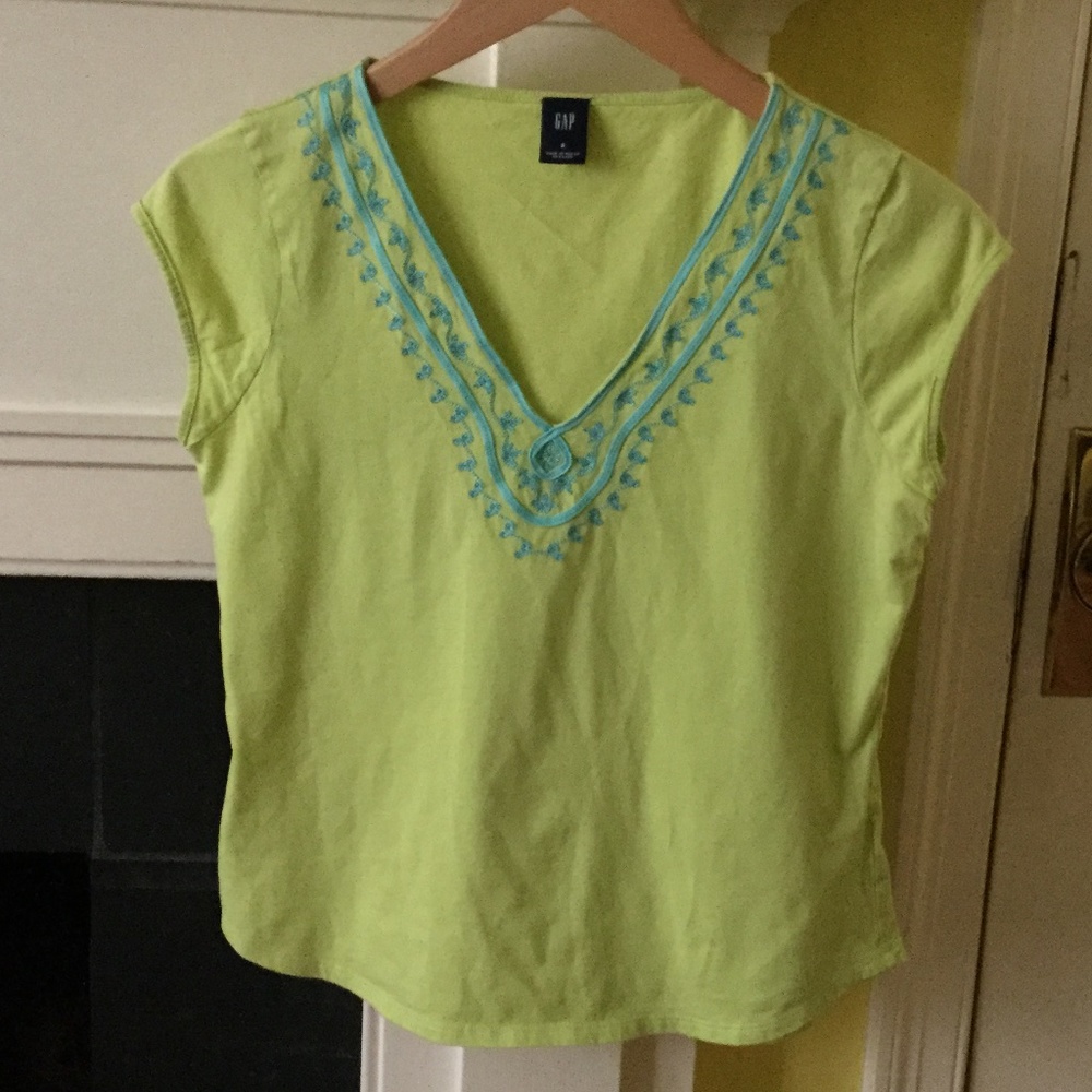 Vintage Gap Y2K Lime Green Embroidered Boho Knit Top - Sz Small